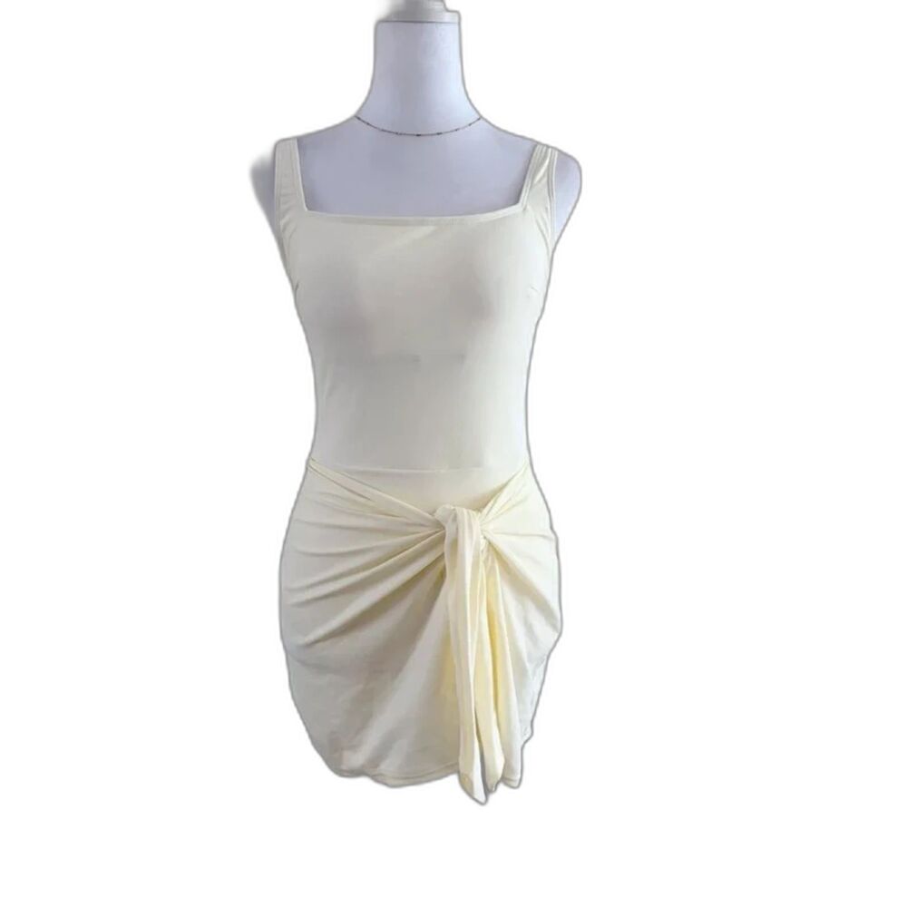 Beige Tummy Control Swimsuit Dress | Square Neck Wrap Skirt One Piece